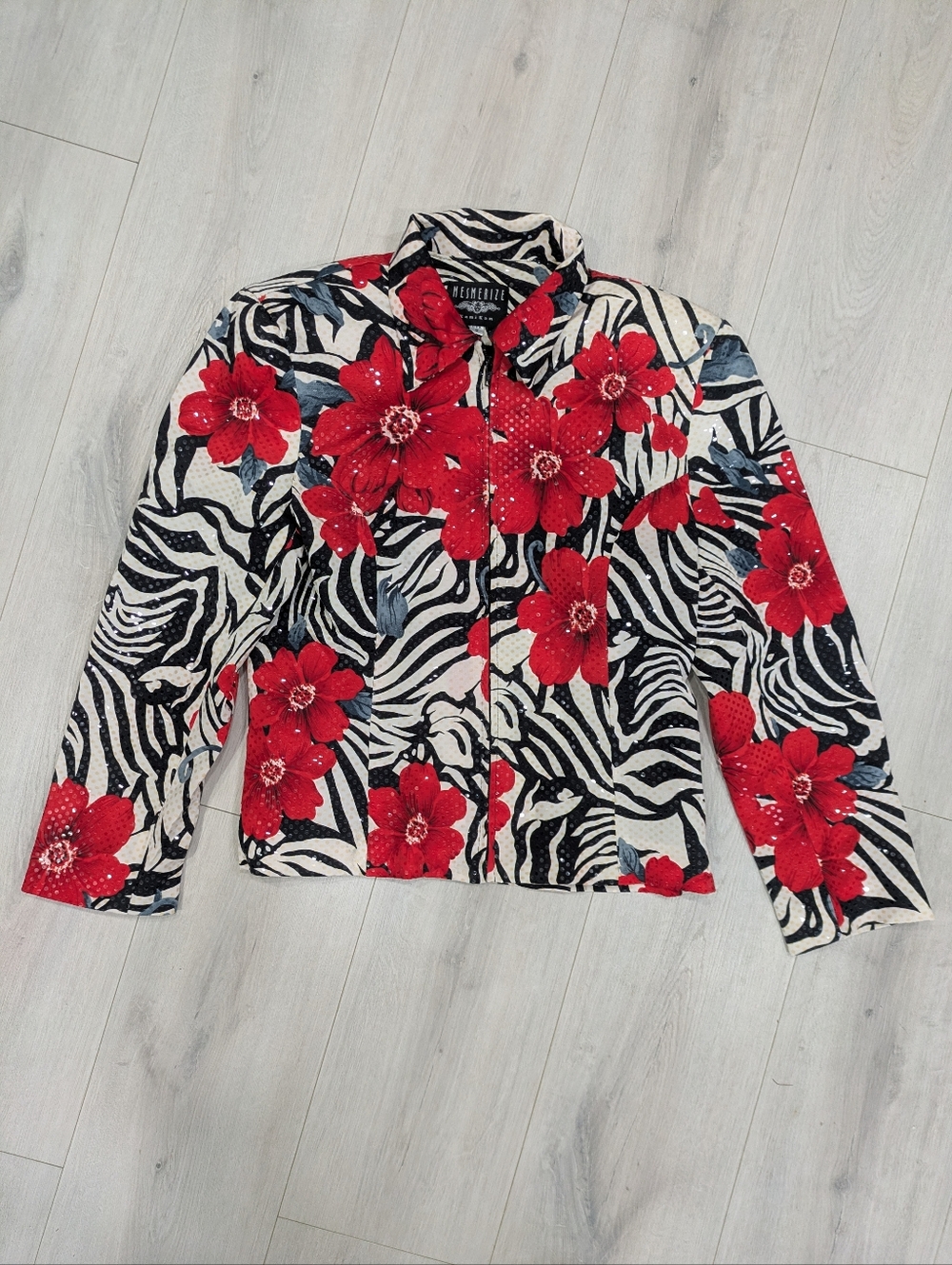 VTG Mesmerize Red Big Floral Zebra Stripe Sequin Jacket Lined Full Zip 90s Sz S